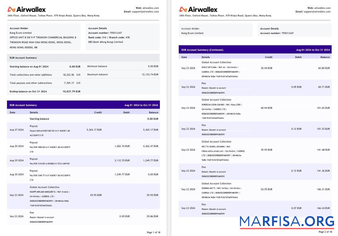 Downloadable Hong Kong Airwallex Limited account statement word 18 pages real example